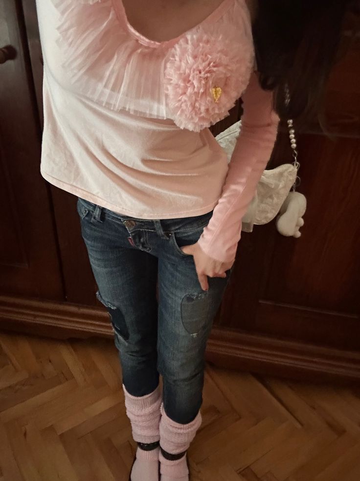 Outfit of the day| ootd| #fashion| balletcore| low rise| low rise jeans  | leg warmers and flats| pink | leg warmers| #ootd| balletcore outfit  inspo | casual |cutecore| coquette | hyper feminine outfit | doll core| 2000s jeans Styling Leg Warmers With Jeans, Leg Warmer With Jeans, Leg Warmers Over Jeans, Jeans With Leg Warmers, Jeans Leg Warmers, Outfits With Leg Warmers, Pink Leg Warmers, Warmers Outfit, Cutecore Coquette