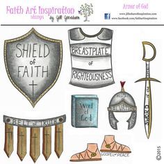 an image of armor and swords with the words shield of faith on them, as well as other items