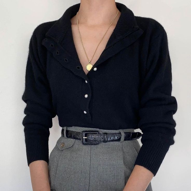 Cardigan Dark Academia, Collar Shirt With Sweater, Vintage Black Sweater With Buttons, Vintage Black V-neck Sweater, Elegant Black Fine Knit V-neck Sweater, Black V-neck Button Cardigan, Collard Shirt, Henley Sweater, Black Knit