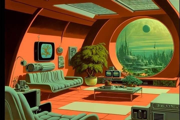 an image of a futuristic living room that is painted in orange and green with the sun shining through the window