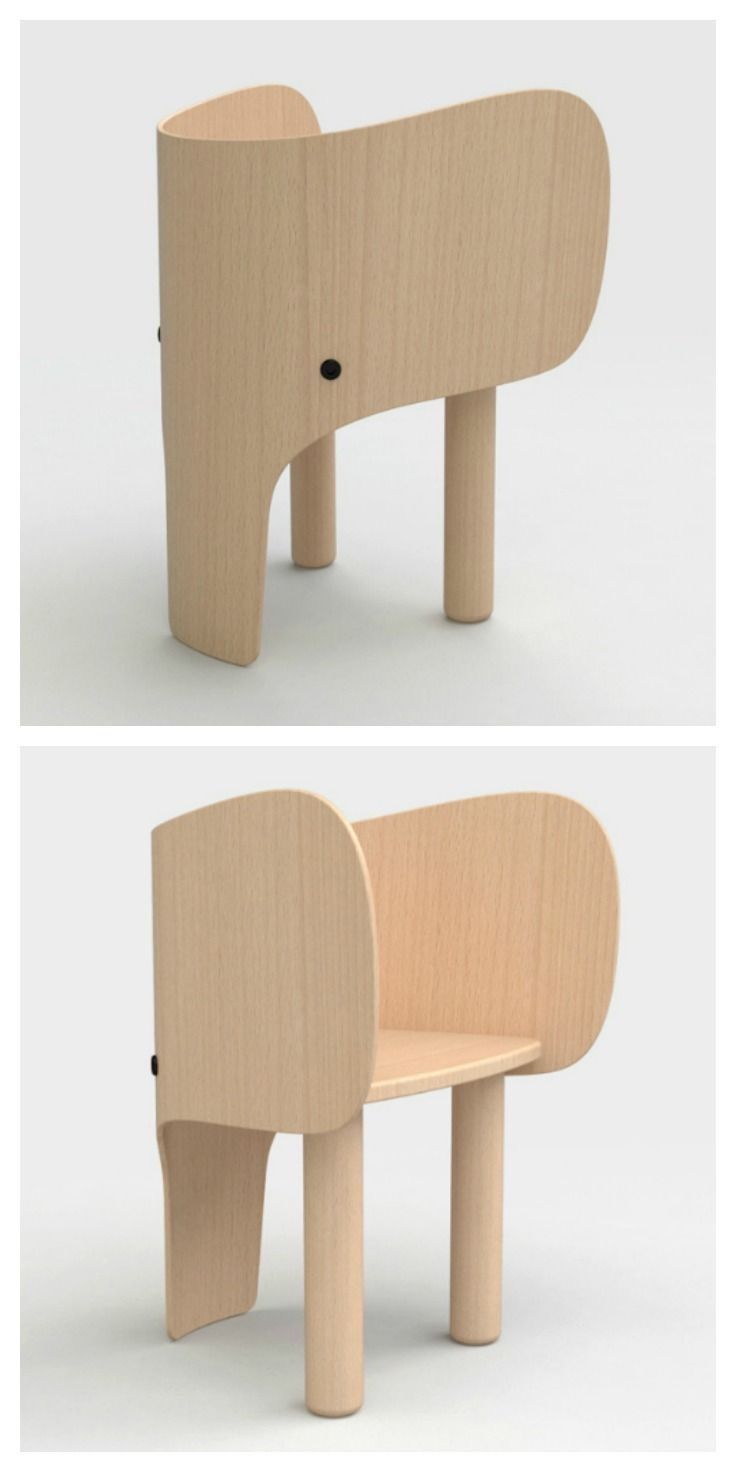 an elephant shaped wooden chair is shown in two different views, one showing the back and side