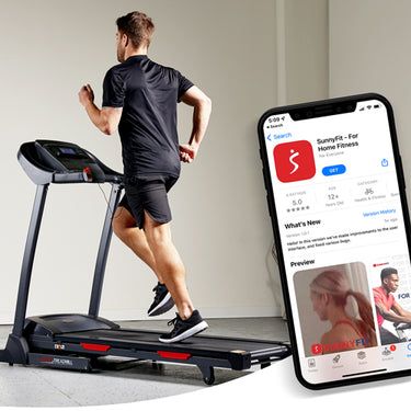 a man running on a treadmill next to an iphone with the app running on it