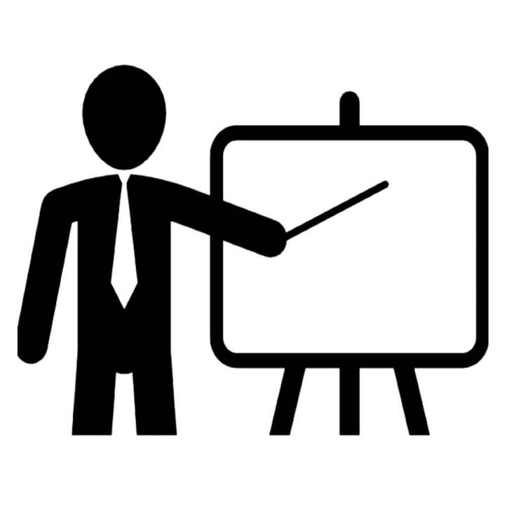 a black and white icon of a man pointing to a board on a easel