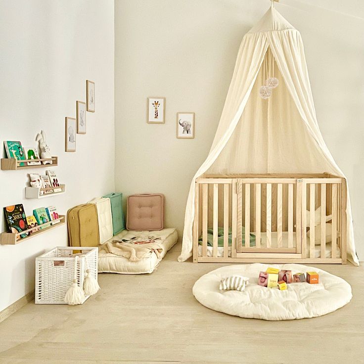 a baby's room with a crib, bed and toys on the floor