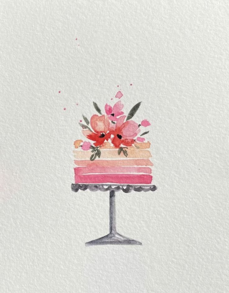 a watercolor painting of a cake with flowers on it