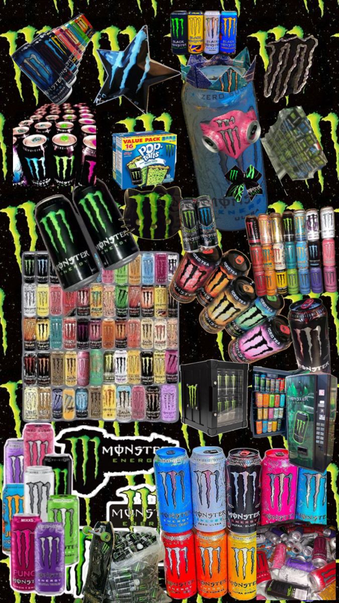 an assortment of monster energy drinks and toothbrushes in different colors, shapes and sizes