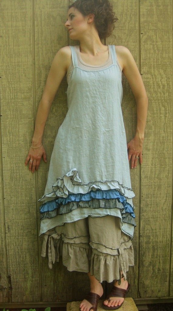 Love the uneven hems and ruffles Tina Givens, Dresses Handmade, Ruffle Linen, Mode Boho, Skirt Maxi, Handmade Clothing, Mode Inspiration, Handmade Clothes, Upcycle Clothes