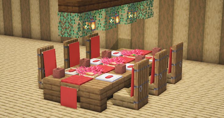 a minecraft dining room set up with red table cloths and place mats on the floor