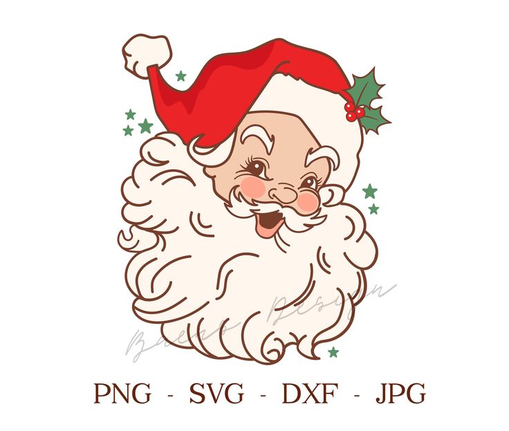 a cartoon santa claus with holly leaves on his head and the words png svg dxf