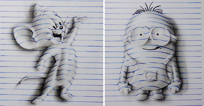 two drawings of cartoon characters, one with an angry face and the other with a striped shirt