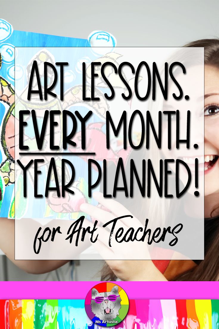 a girl holding up a sign that says art lessons every month year planned for art teachers