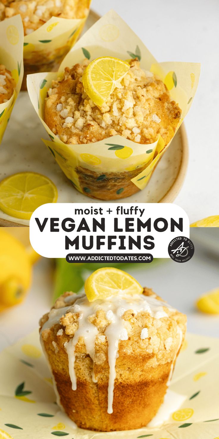 the muffins have lemon slices on them and drizzled with icing