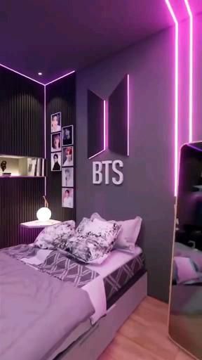 a bed room with a neatly made bed and purple lighting