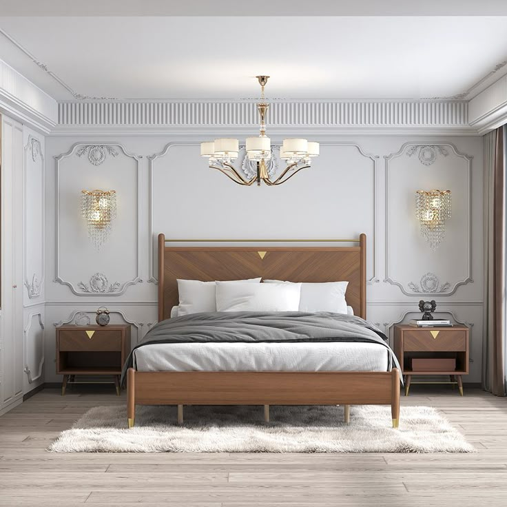 a bedroom with a bed, nightstands and chandelier