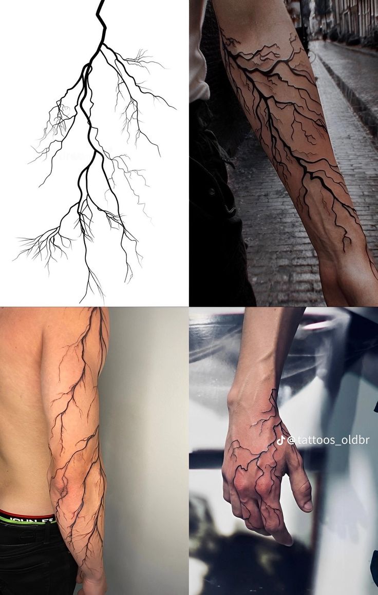 three different pictures with tattoos on their arms and legs, one is showing the same design