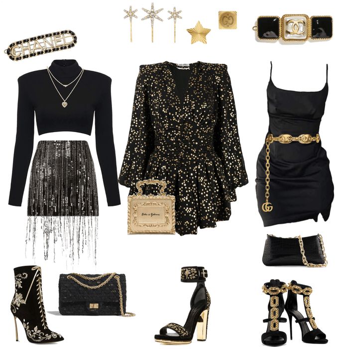 Vegas Theme Gala Outfit, Casino Hostess Outfit, Gold Black Outfit Parties, Casino Glam Outfit, Vip Party Outfit, Las Vegas Theme Outfit Ideas, New Year Club Outfits, Casino Outfit Night Classy, Black And Golden Outfit