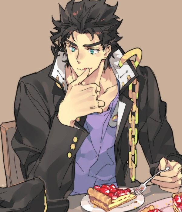 an anime character sitting at a table with food on it and pointing to his finger