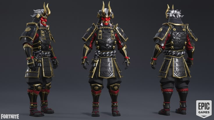 three different views of the armor worn by samurais in an animated video game,