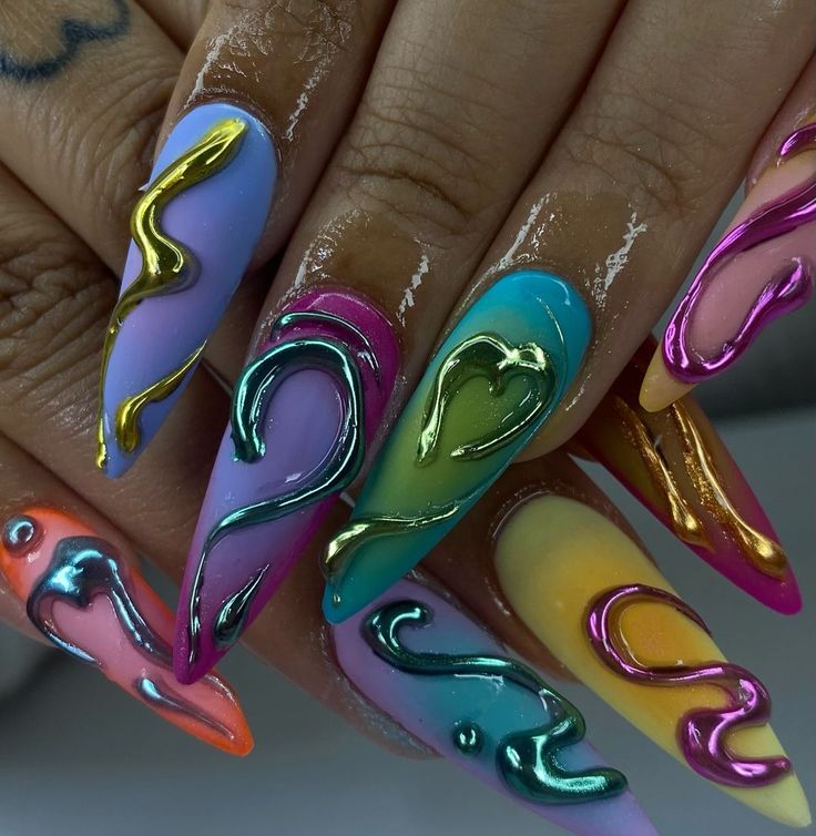 #nails #nailart #nailtech #nailsoftheday #nail2inspire #nailsart #chromenails #naildesign #summernails Nail Idea Colorful, Cute Mani And Pedi Ideas, Futuristic Nail Art Designs, Nail Art Colore, Crazy New Years Nails, Pierced Nail Designs, Latest Acrylic Nail Trends 2024, Funky Press On Nails, Vapor Wave Nails