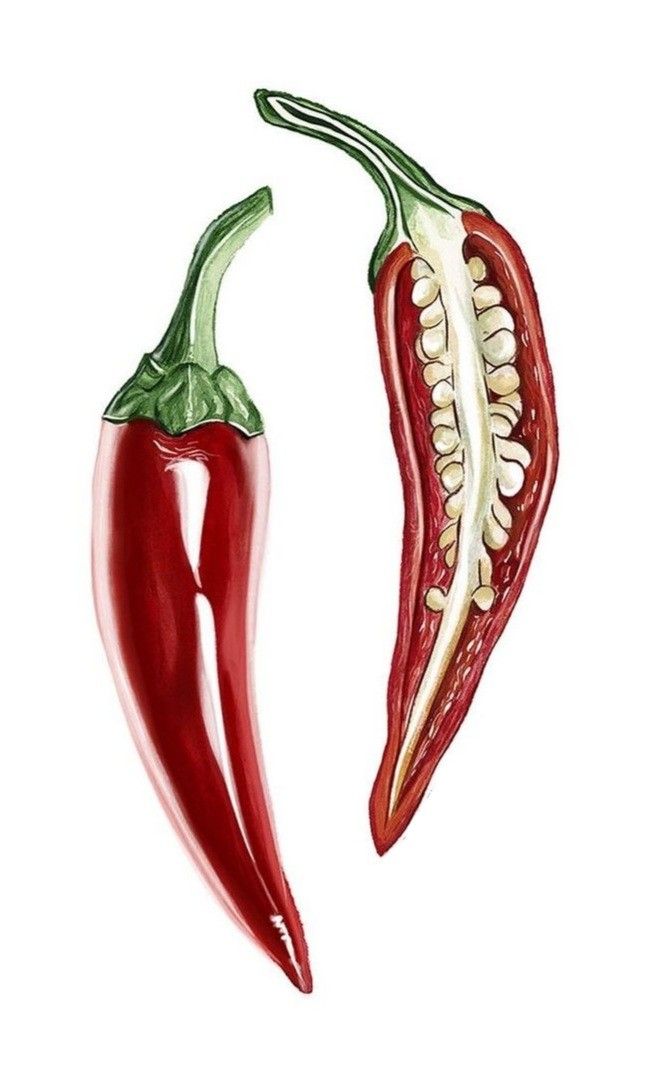 two red peppers with green tops and white tips