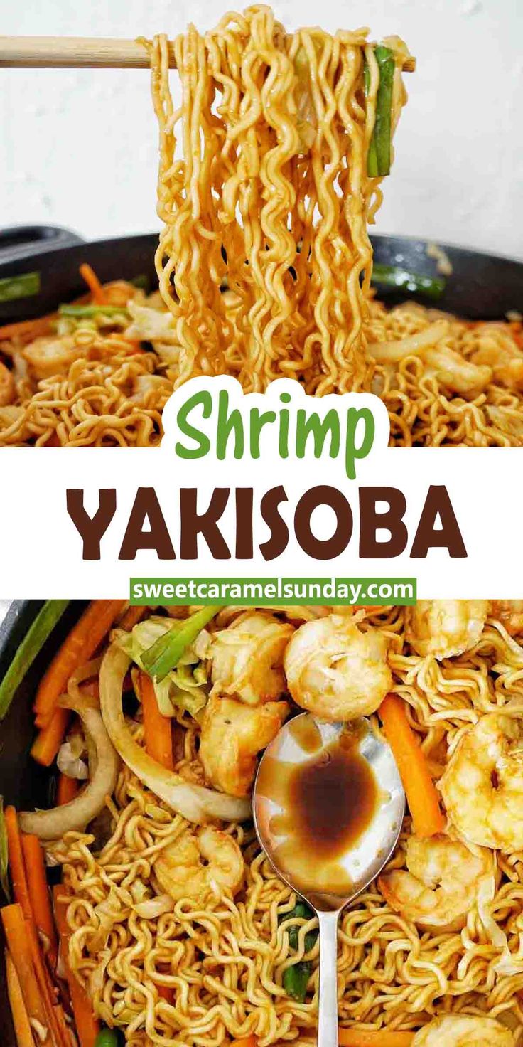 shrimp yakisoba with noodles and carrots in a skillet