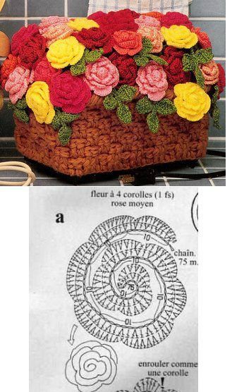 crocheted basket with flowers on top and instructions for how to make it