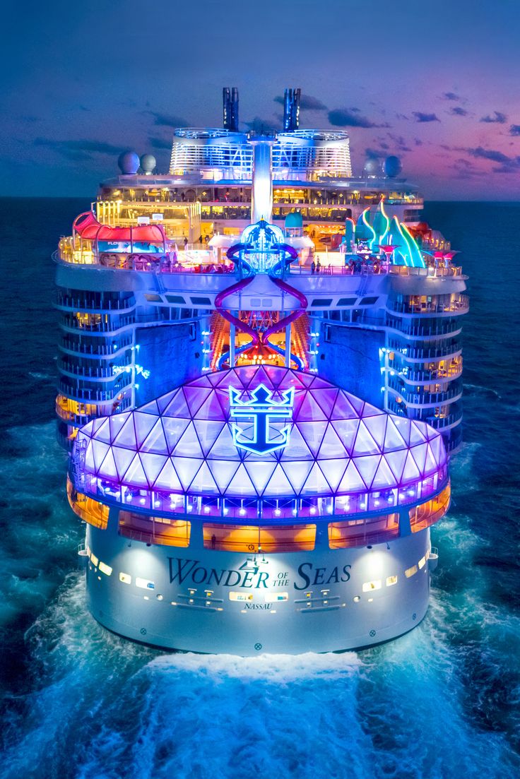 the royal princess cruise ship at night with its lights on and decorations lit up all around it