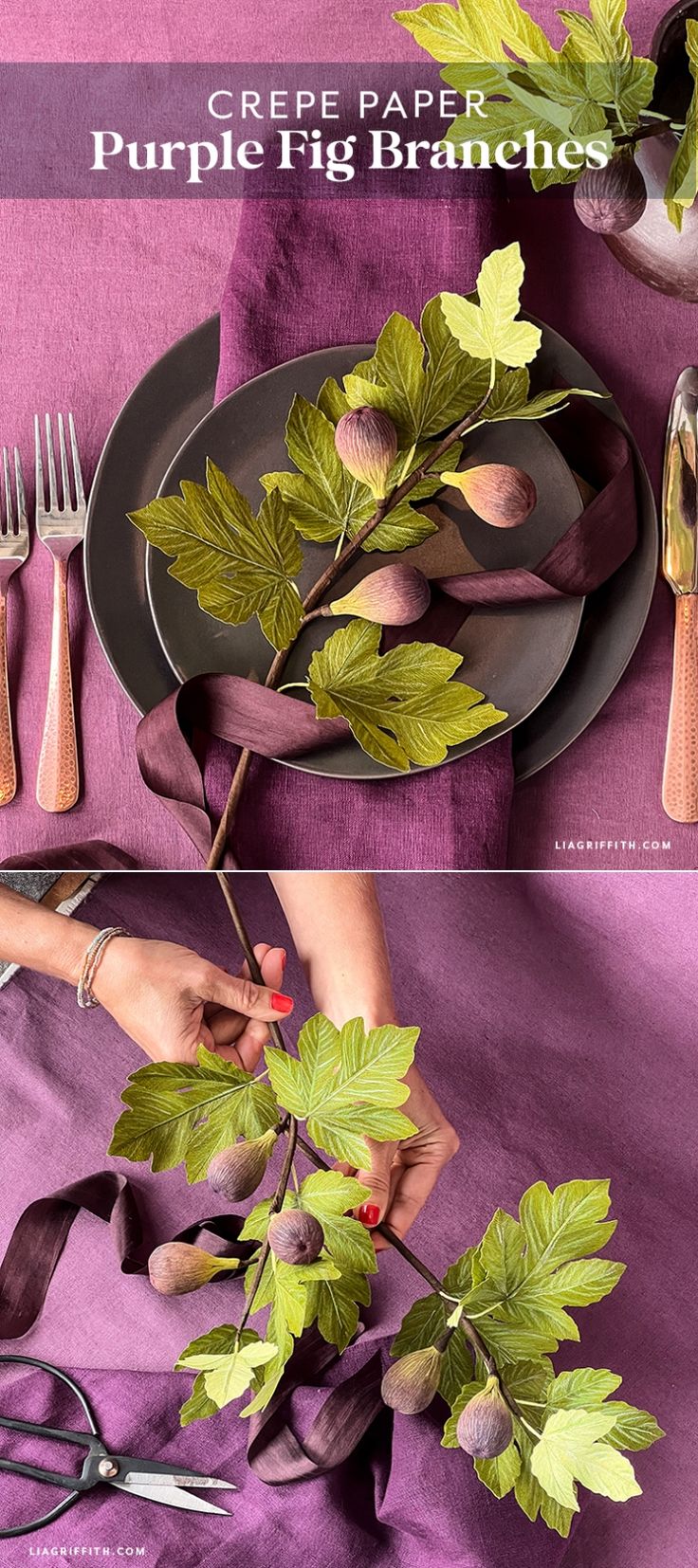 there are two pictures of purple and green leaves on the table with utensils