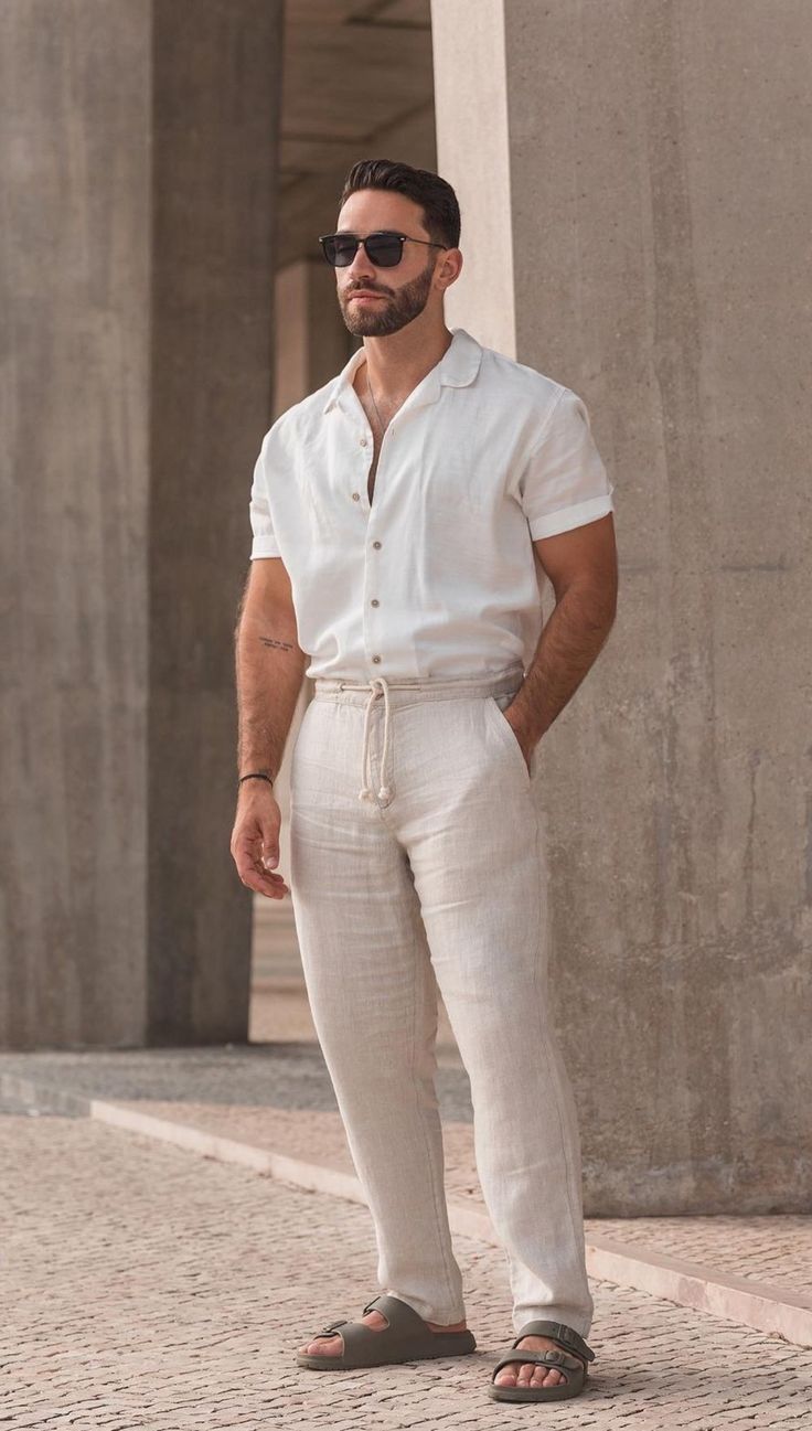 Linen Pants Men Outfit Summer, Bali Wedding Mens Outfits, Men’s Linen Looks, Quiet Luxury Fashion Men Summer, Portugal Outfits Men, Lenin Pants Outfit Men, Men’s Summer Outfits 2024, Formal Mens Fashion Wedding, Summer Outfits 2024 Men