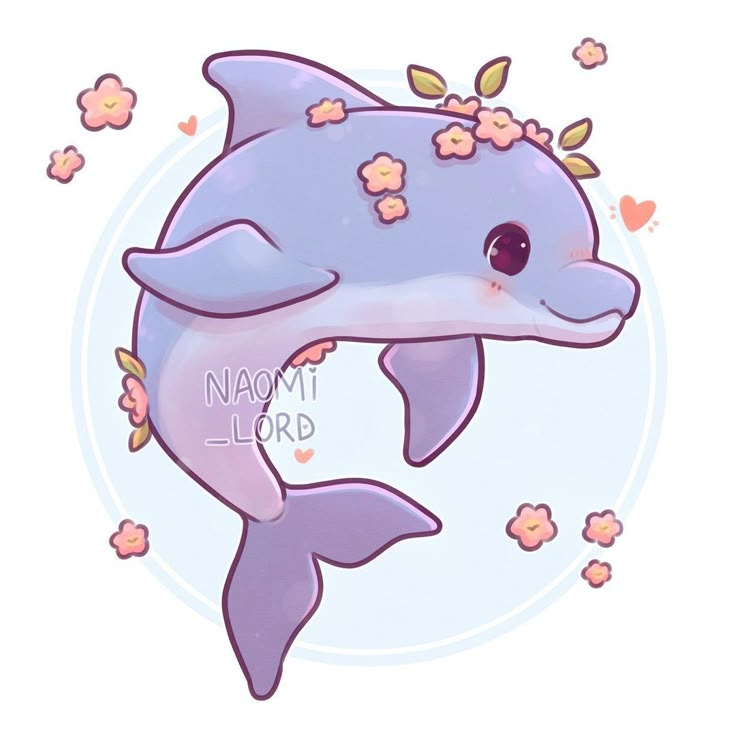 a cartoon dolphin with flowers on its head