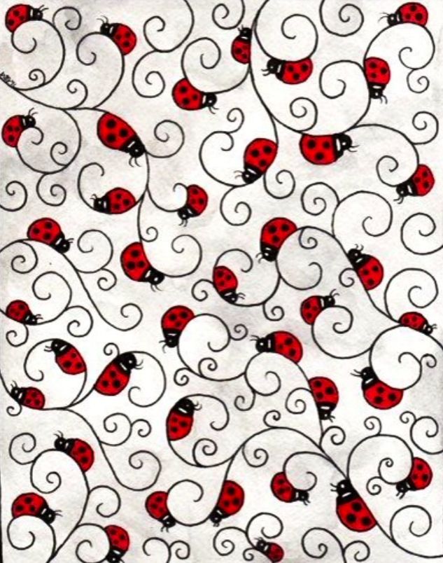 red and black ladybugs on white paper with swirly lines in the shape of hearts