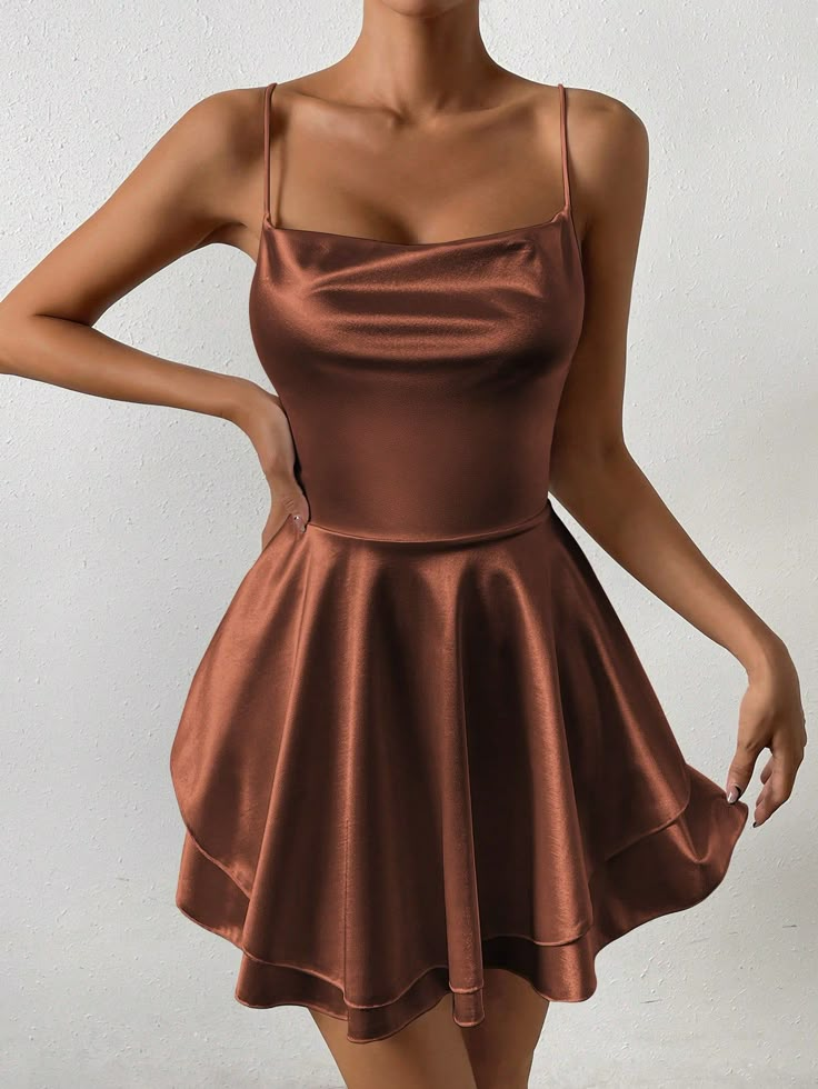 Women's Summer Solid Color Ruffle Draped Neck Hem Elegant Camisole Dress Coffee Brown Sexy  Sleeveless Knitted Fabric Plain Cami High Stretch  Women Clothing, size features are:Bust: ,Length: ,Sleeve Length: Brown Dress Hoco, Fall Wedding Guest Dress Short, Light Brown Satin Dress, A Night In Paris Theme Dresses Homecoming, Brown Ruffle Dress, Cute Brown Dress, Dress Semi Formal, Elegant Brown Dress, Brown Birthday Outfit