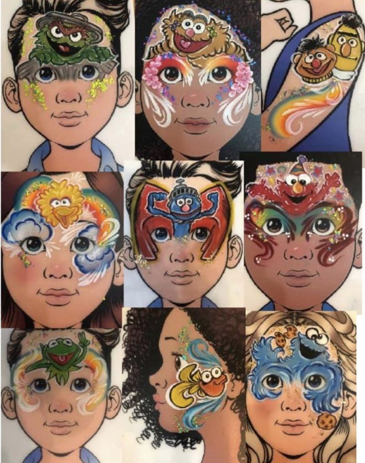 the faces of children with their face painted in different colors and designs, all looking like they