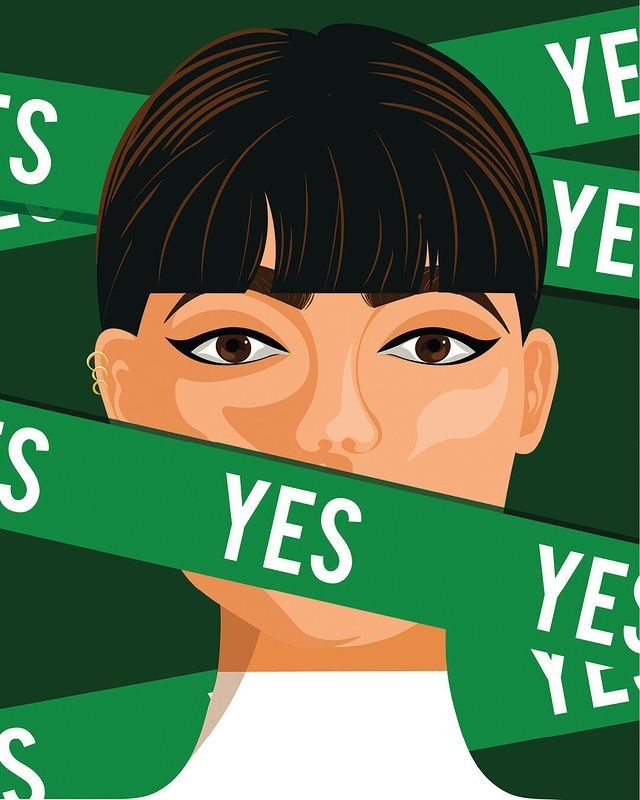 an illustration of a woman with her eyes wide open wrapped in green ribbon that says yes