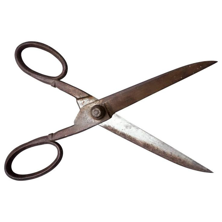 an old pair of scissors on a white background with clippings to the side