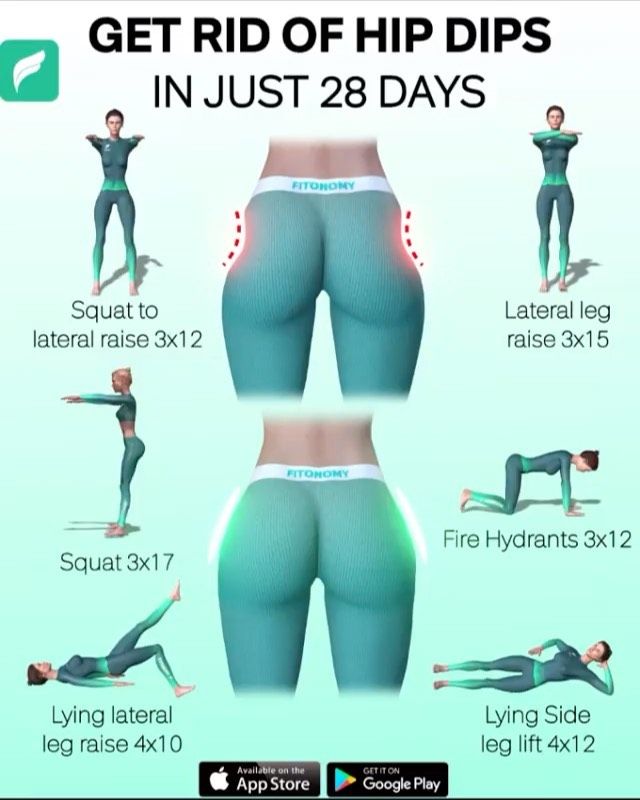 a woman doing yoga poses with the text get rid of hip dips in just 28 days