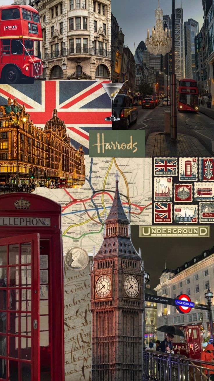 a collage of photos with the british flag, big ben and red telephone booth