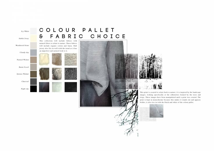 the color palette and fabric choice is shown in black and white, with an image of trees