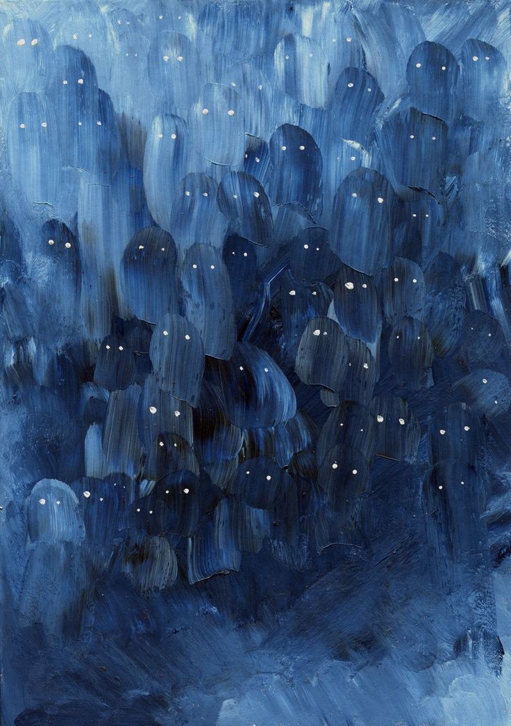 an abstract painting with blue tones and white dots on the face, in front of a dark background