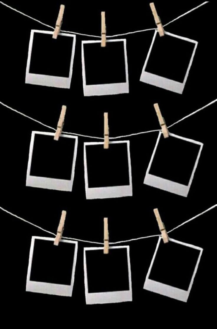 several polaroid frames hanging on clothes pins against a black background with the word,'photo frame'written below them