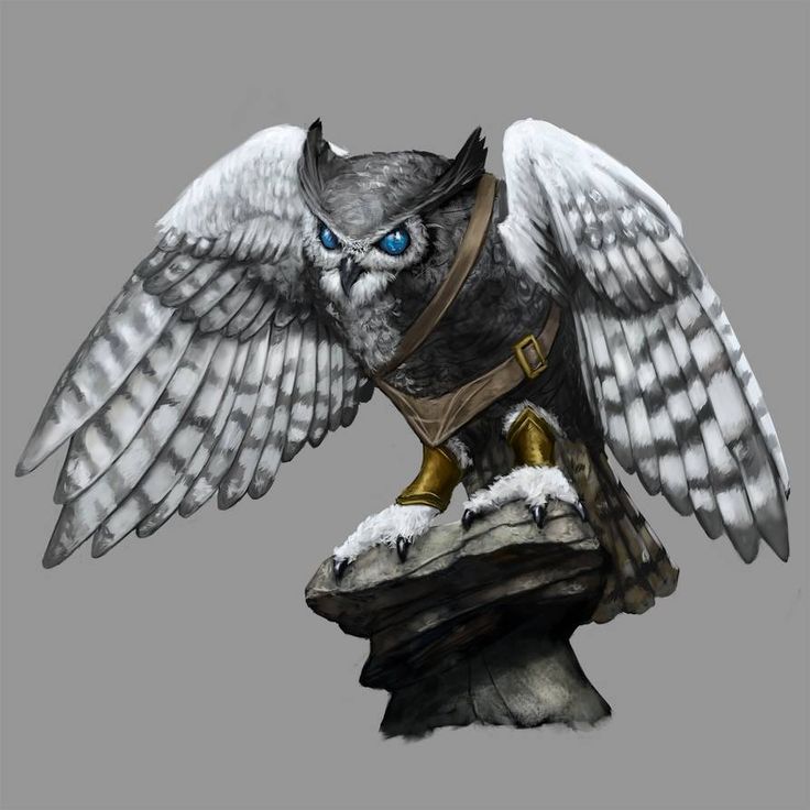 an owl with blue eyes is sitting on top of a piece of wood and has wings spread