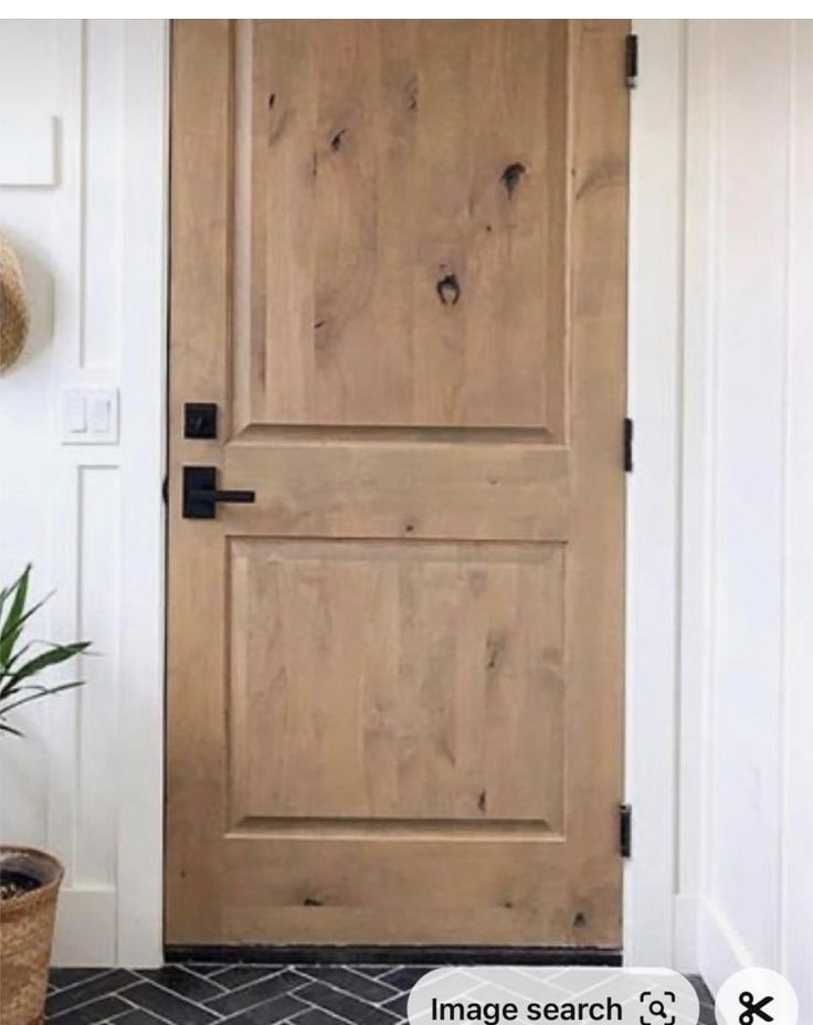 a wooden door sitting next to a potted plant