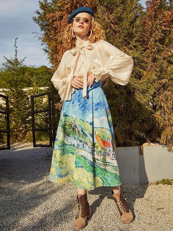 Artist Outfit Style, Natural Clothing Style, Art Teacher Outfits, Artsy Outfit, Girls White Dress, Blue Theme, Fashion Themes, Van Gogh Art, High Waist Skirt