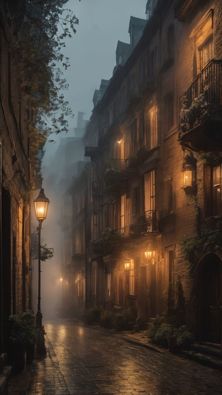 an empty street in the middle of town at night with lights on and fog coming from the windows