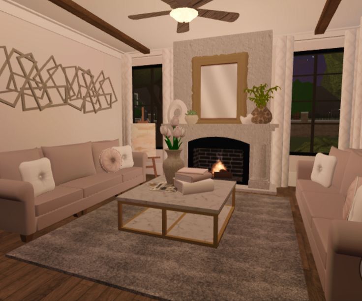 a living room filled with furniture and a fire place in the middle of a room