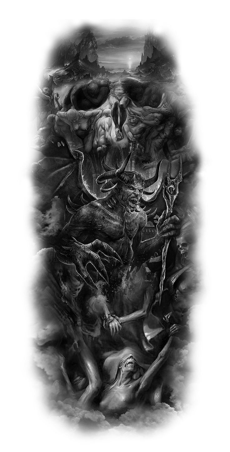 a black and white drawing of a demon with two skulls on his face, surrounded by other demonic creatures