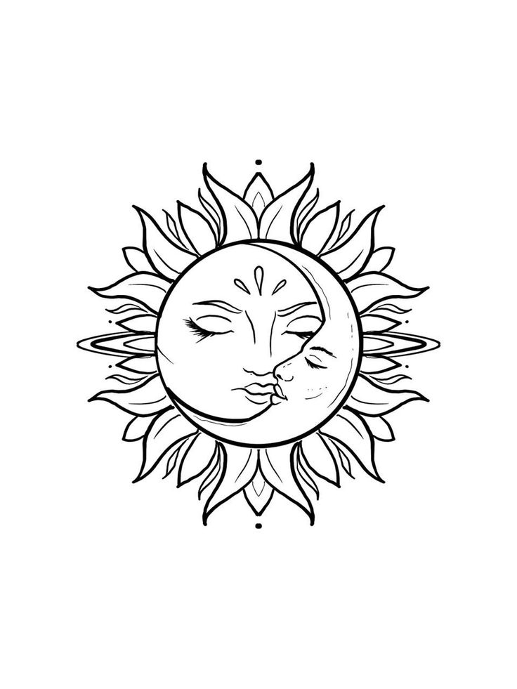 a drawing of a sun with a face on it's side and the moon behind it