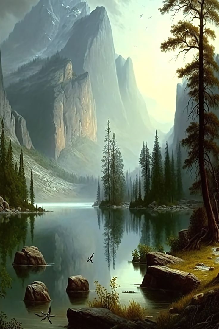 a painting of a mountain lake surrounded by pine trees and mountains with birds flying over it