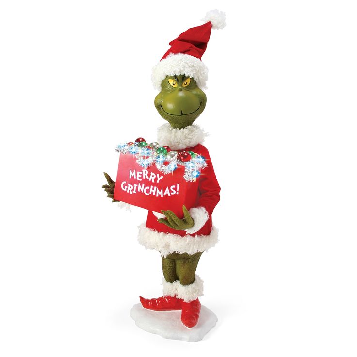 the grinch is holding a sign that says merry grinchmas on it's chest