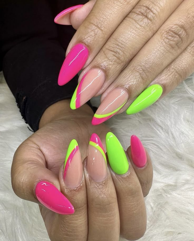 Neon Green And Pink Nails Almond, Coffin Summer Nails Designs 2023, Trendy Nails Almond Shape Summer, Neon And Pink Nails, Pink And Neon Nails, Green And Pink Neon Nails, Neon Nails Inspiration, 90s Neon Nails, Neon Green And Pink Nail Designs